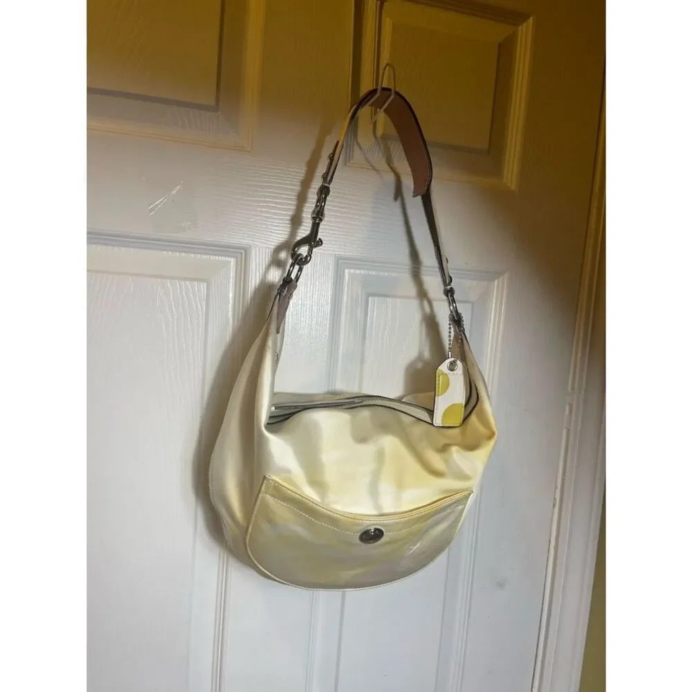 Coach Hampton sateen off white &Yellow marble hobo Bag tan leather &fabric strap